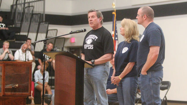 John Dutch Vandegrift speaks at Valor Day in April of 2012, accompanied by wife Mary Jane and son Barrett Vandegrift