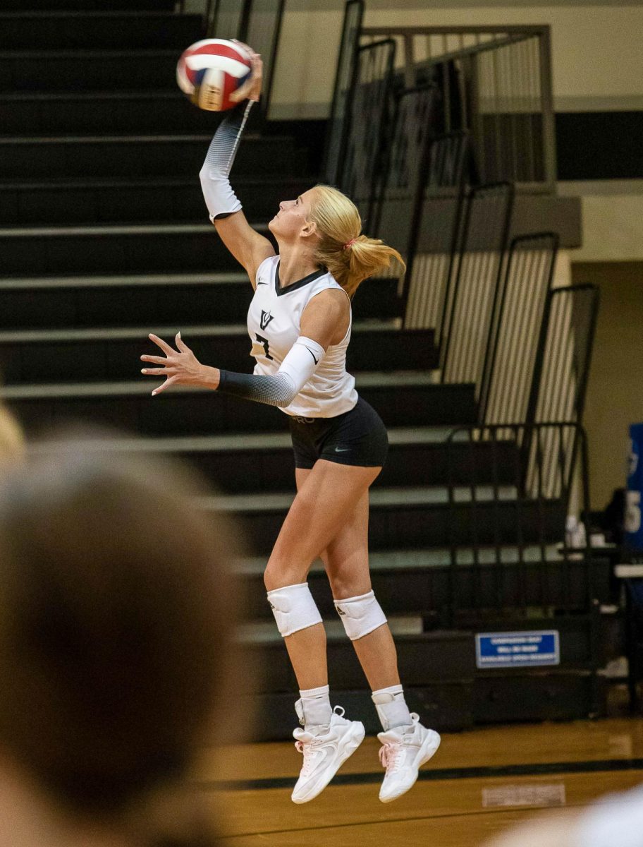 During the Elkins match, junior Jenna Hehman jump serves.