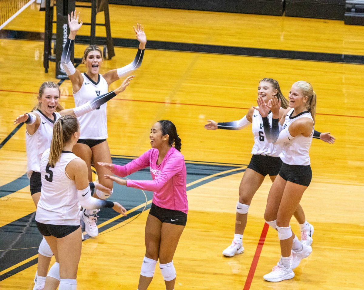 Varsity celebrates a tough point won against Bridgeland. The tight contest went to three games before the Vipers edged the Bears.