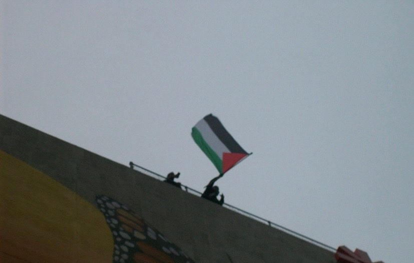 A Palestinian flag is raised on top of a building at a Palestine protest at the Texas Capitol.